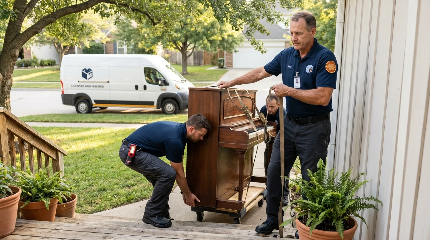 Licensed piano movers securing grand piano in Milford, UT