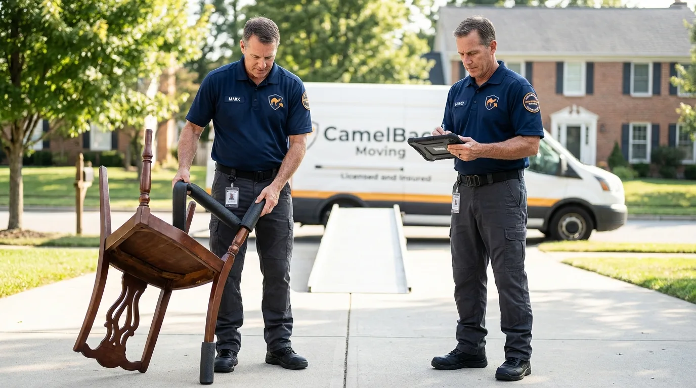 Movers inspecting furniture for damage prevention before loading in Milford, UT
