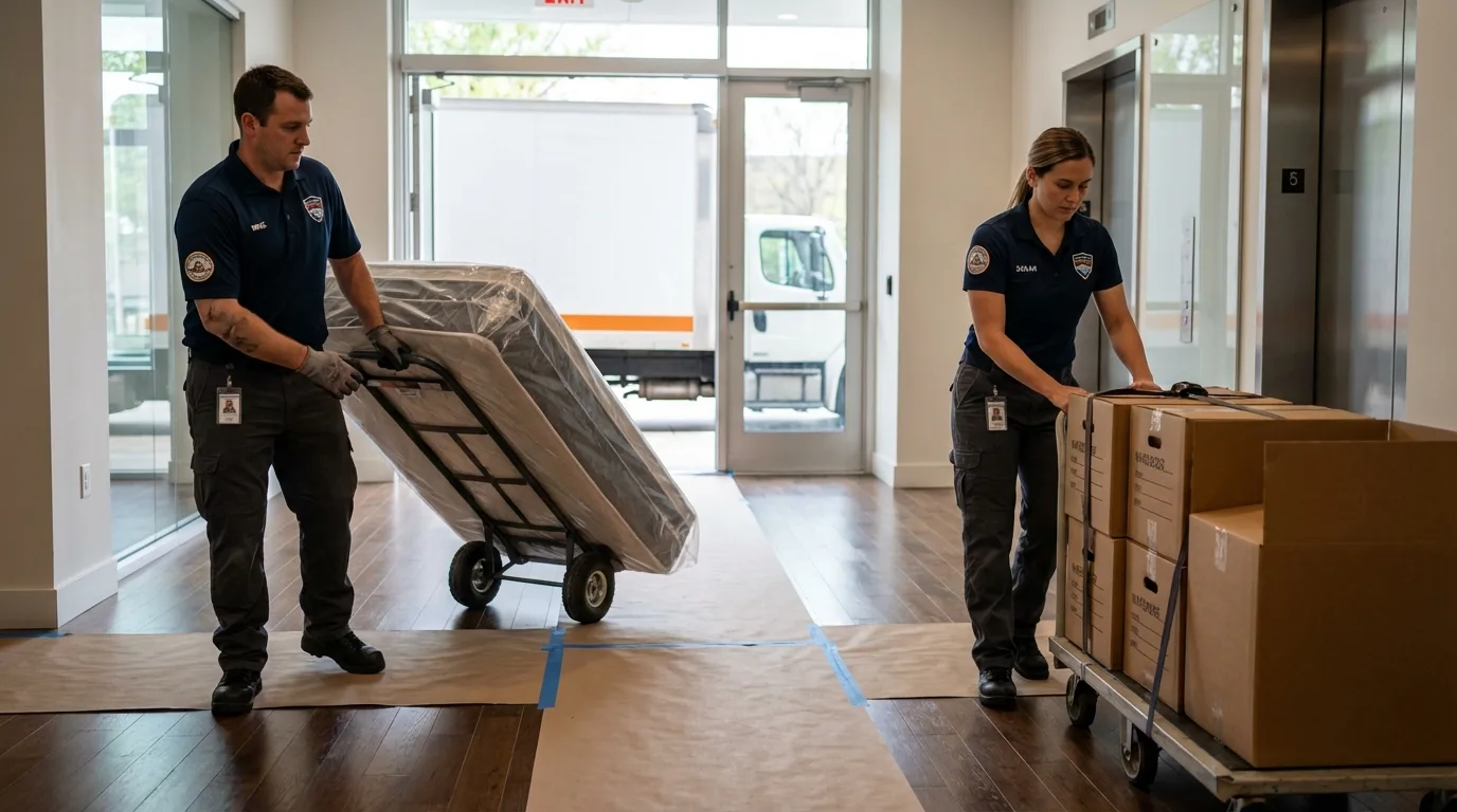 Professional apartment movers loading elevator in Milford, UT